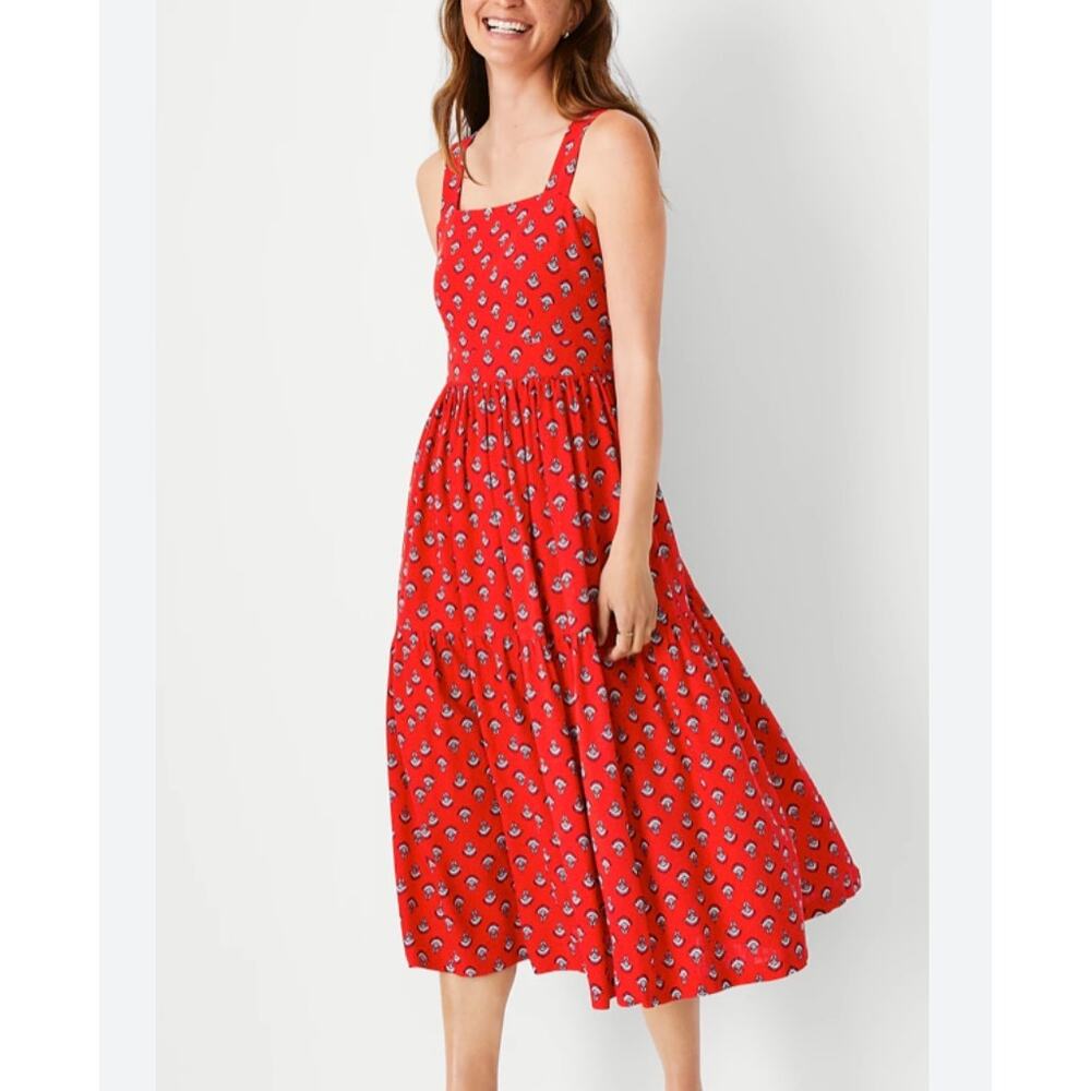Ann Taylor red floral midi sundress tiered skirt sz 4 excellent condition